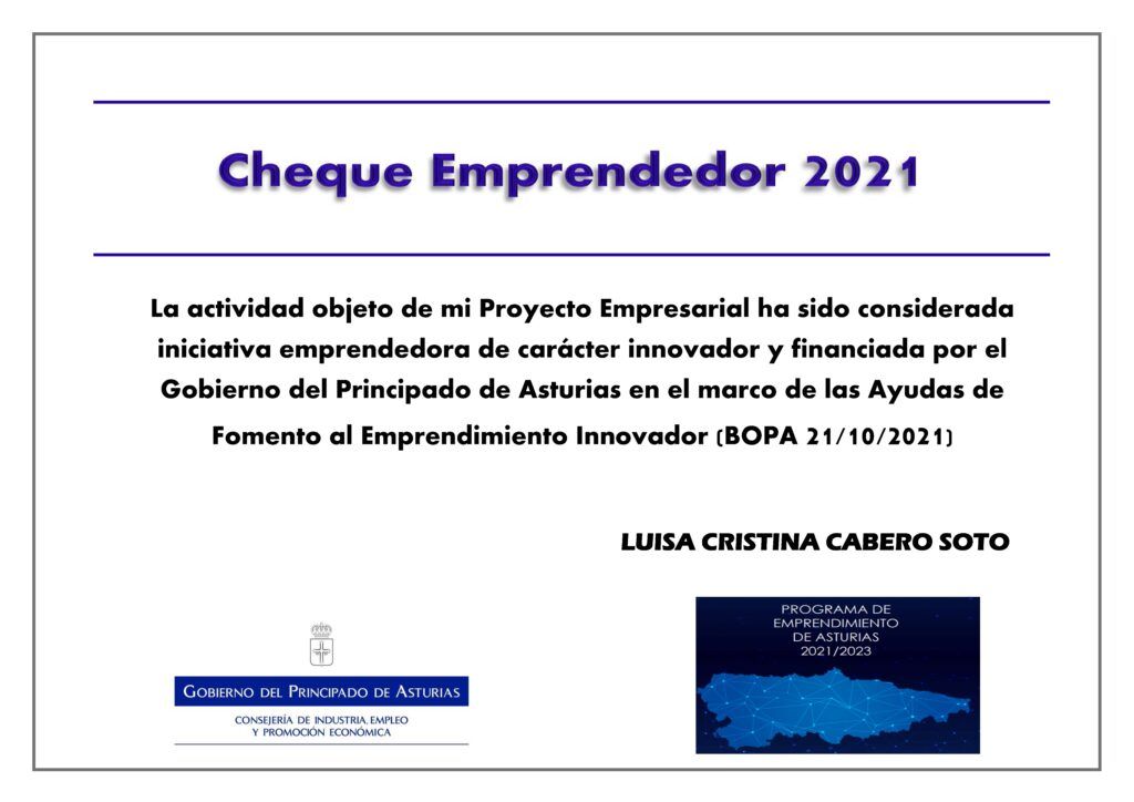 Cheque Emprendedor, Principado de Asturias, Cristina Cabero Soto, Christie De Soto, innovación